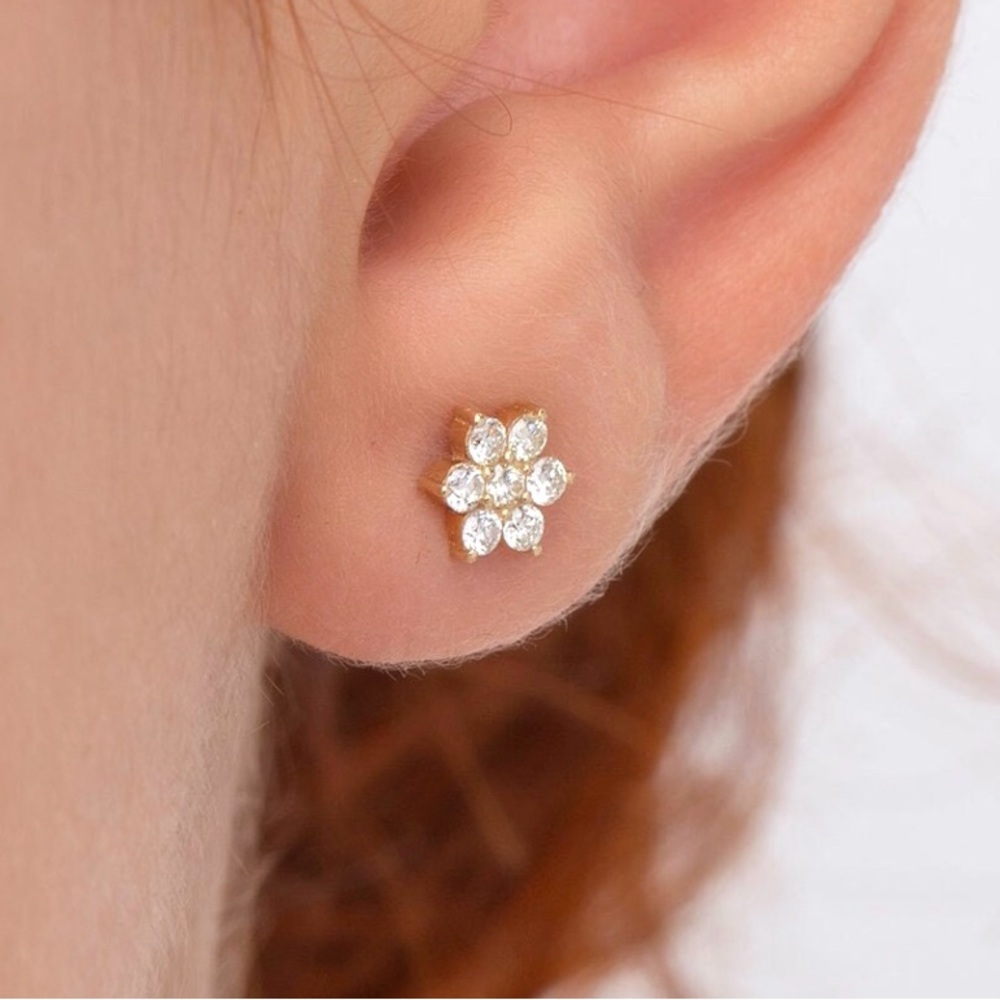 Exquisite 14K Solid Yellow Gold 6.2mm 0.13CT Diamond Flower Stud Earring (1)
